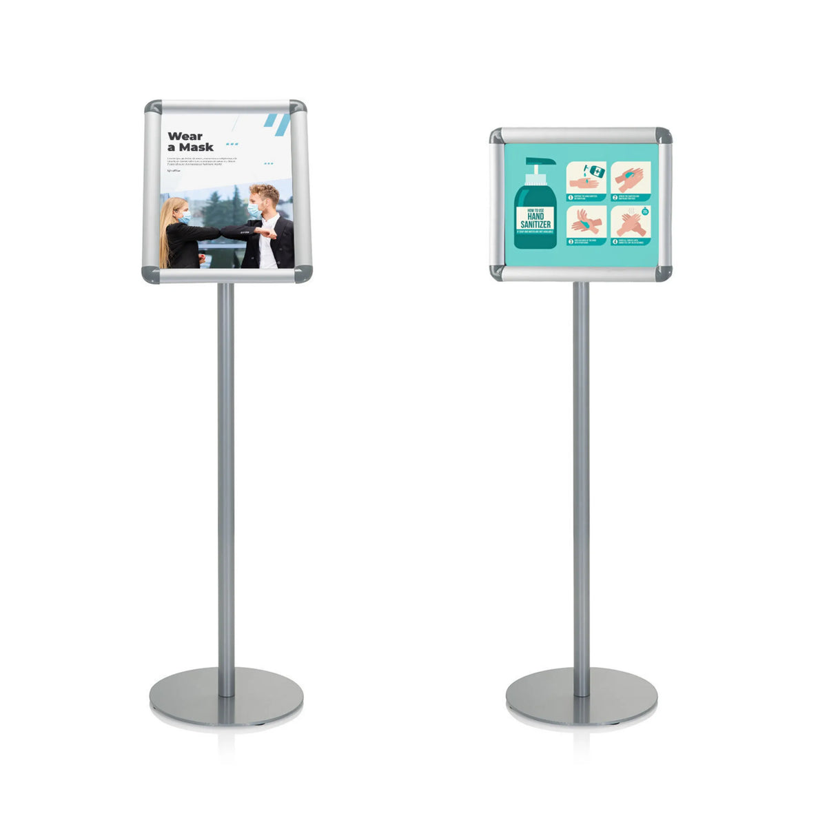 To sølvfarvede AGENDA I plakatstandere med runde fødder og rammer til informationsplakater fra hjh OFFICE