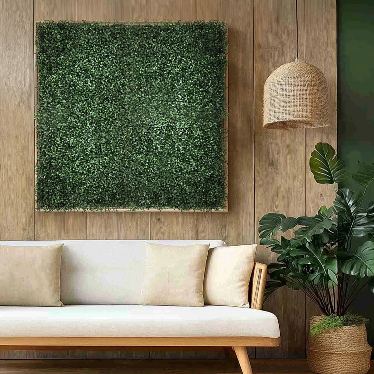 Grøn plantemåtte LEAFLUXE 1 som kvadratisk vægelement over en lys sofa fra hjh LIVING
