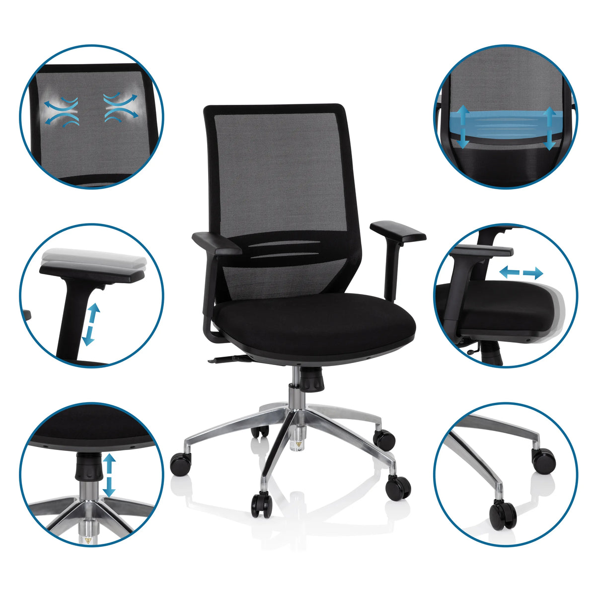 Professionel kontorstol PROFONDO i sort med justerbare armlæn og netryglæn fra hjh OFFICE