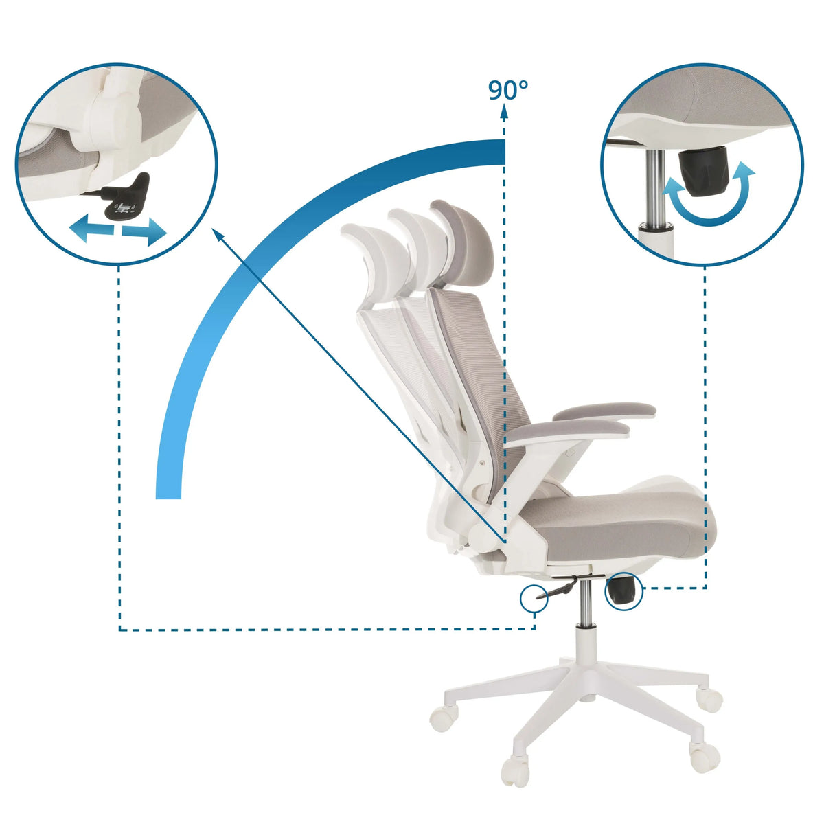 Justeringsmekanismer på Home Office kontorstol VENDO W med 90° hældning fra hjh OFFICE