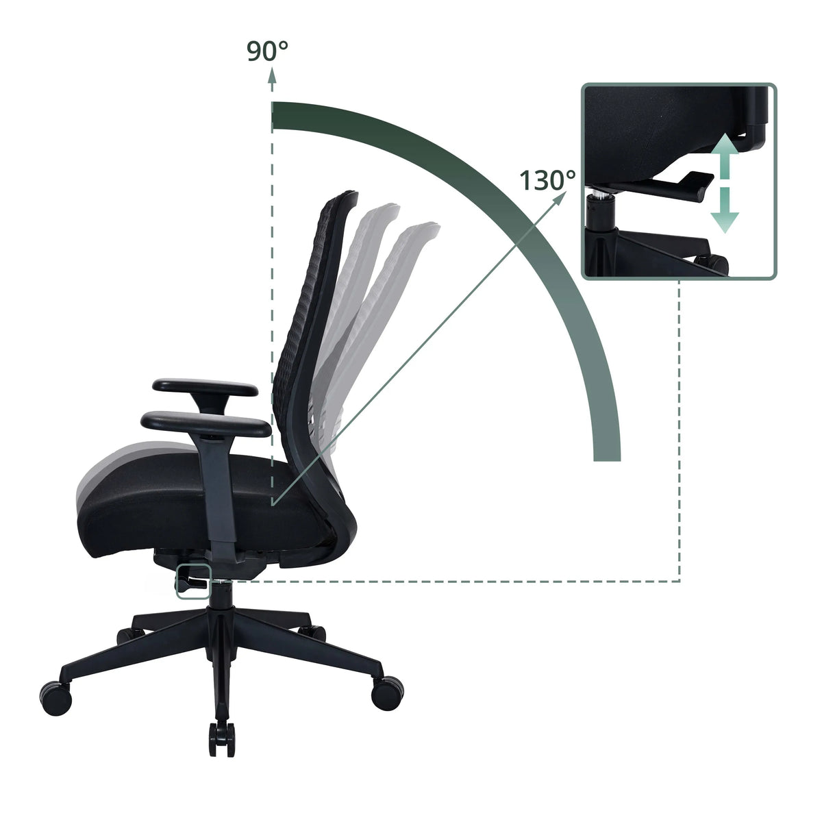 Verstellbarer Neigungswinkel der Rückenlehne vom 90° bis 130° des Profi-Bürostuhls Verviq von hjh OFFICE