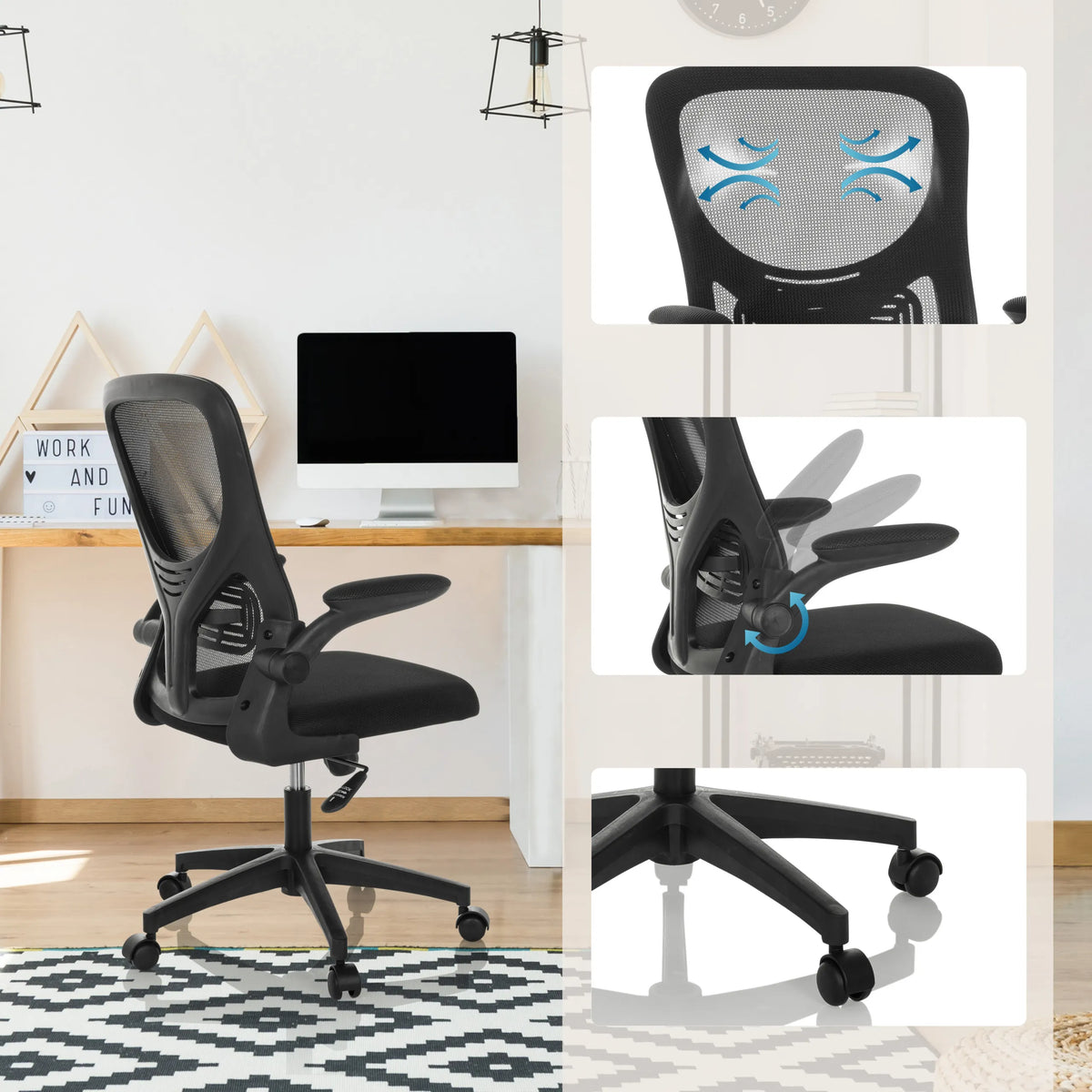 Home Office kontorstol BELIO i sort med netryglæn, justeringsmekanisme og krydsfod med hjul fra hjh OFFICE