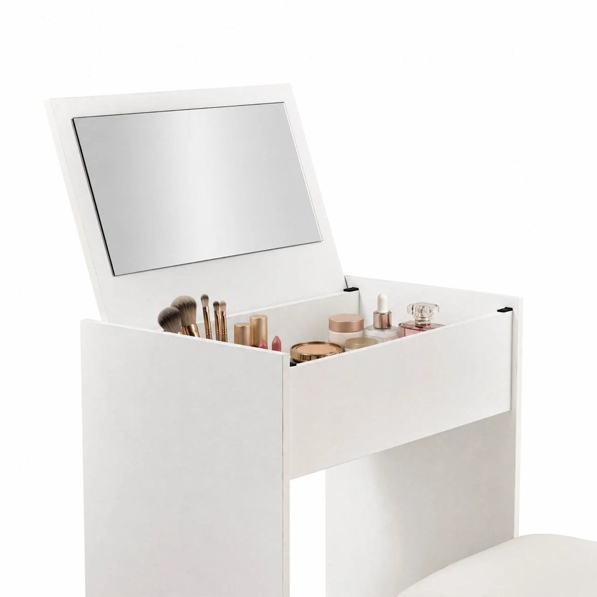 Åbent Glamdesk makeup-spejl i hvid med integreret rum til makeup-udstyr fra hjh LIVING