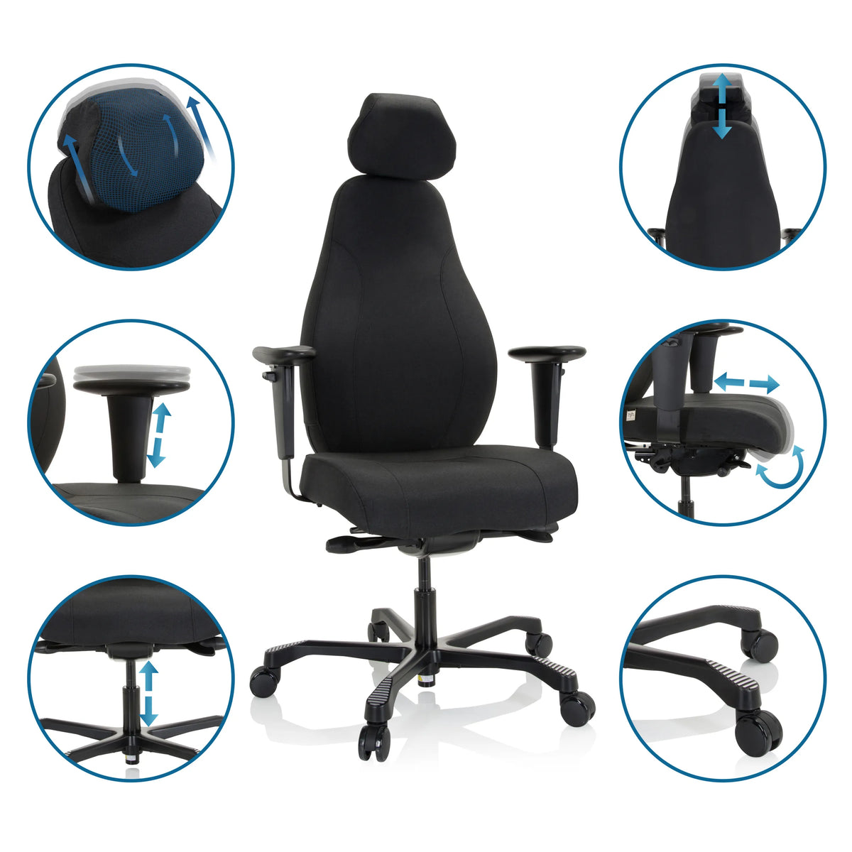 Forskellige indstillingsmuligheder for Professionel chefstol RESISTIO XXL i sort fra hjh OFFICE