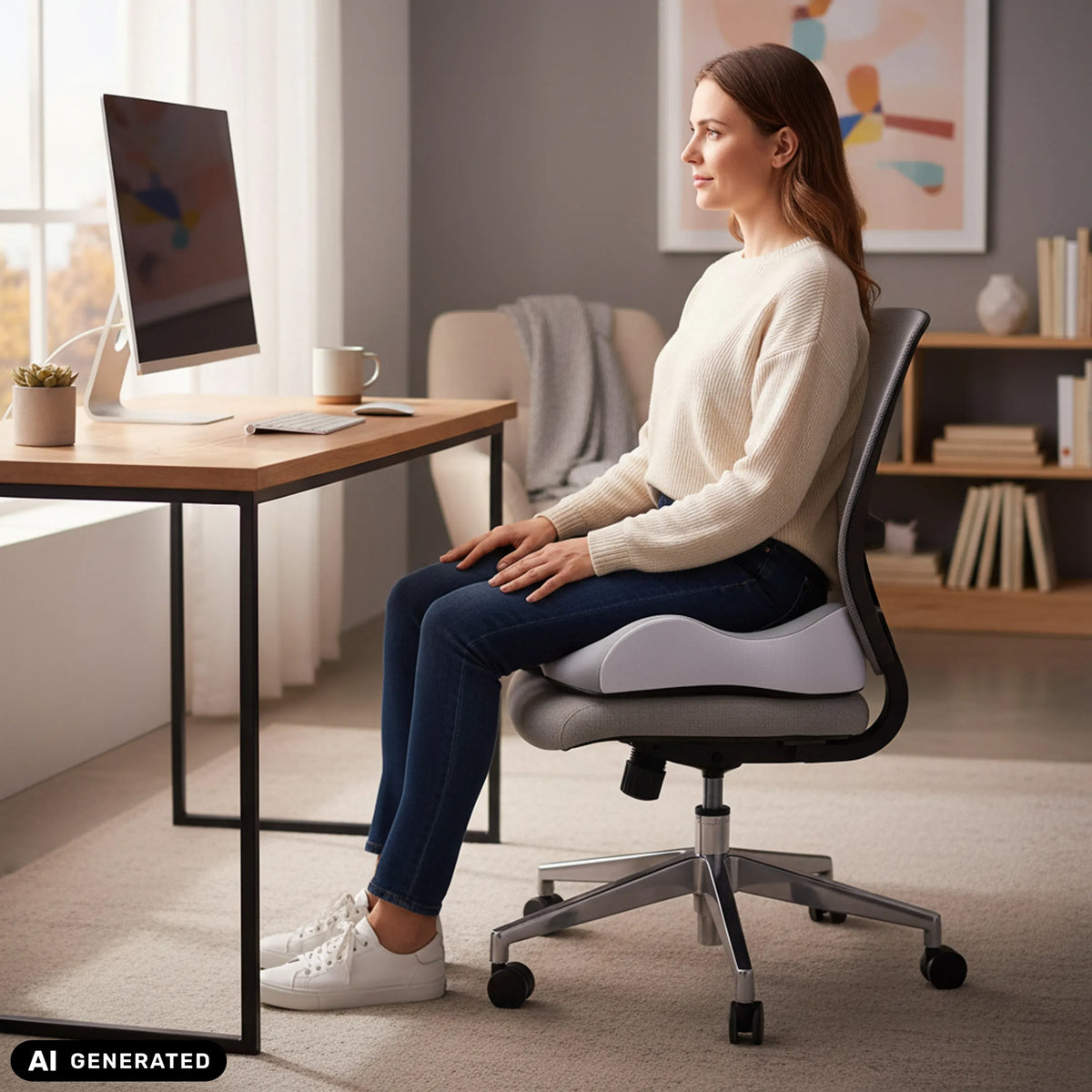 Grå MEDISIT IV sædehynde på en kontorstol fra hjh OFFICE (AI-genereret billede)