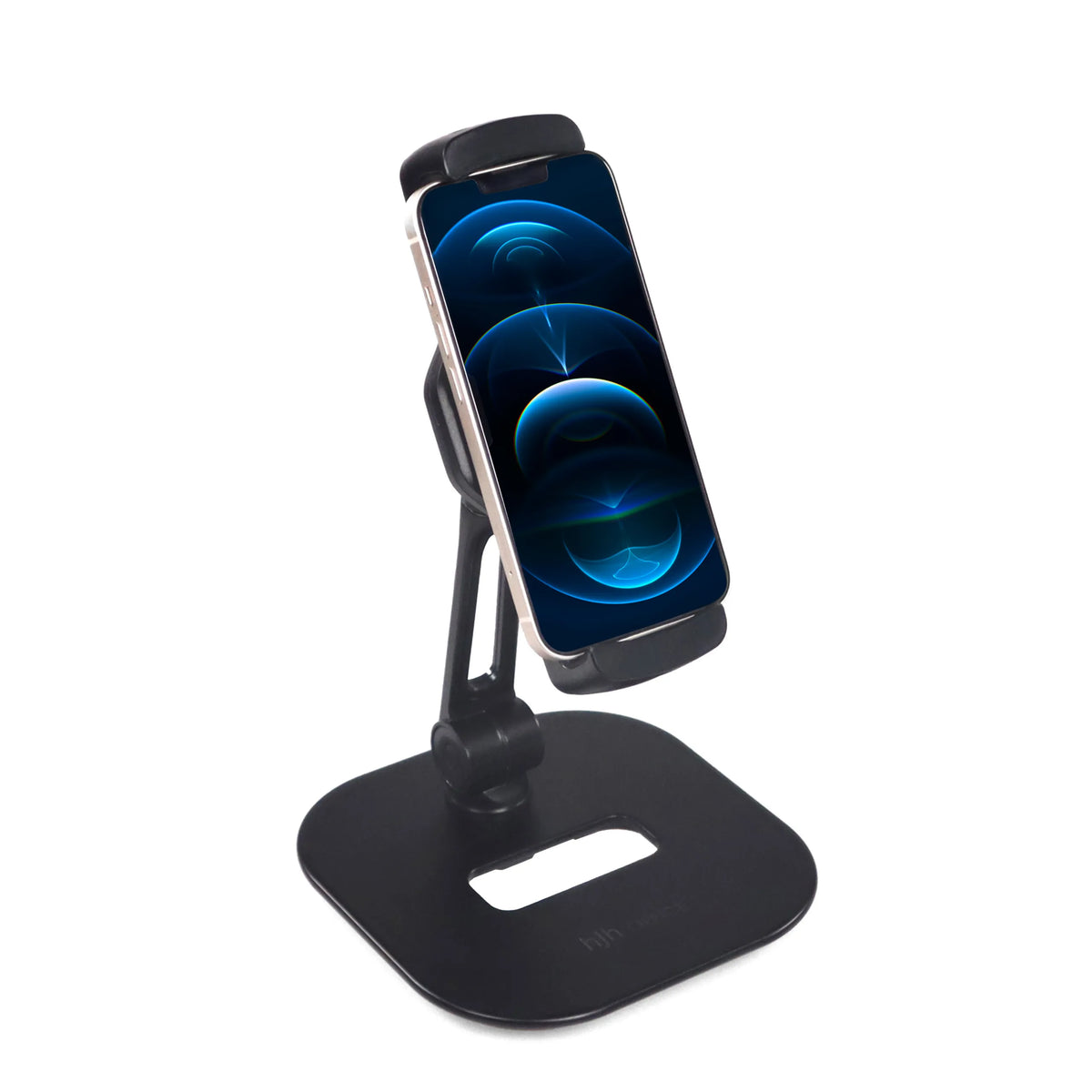 Sort Holder til mobiltelefon & tablet FLEXMOBI IV med fod og holderklemme fra hjh OFFICE – 360-graders visning (skråt forfra 60°)