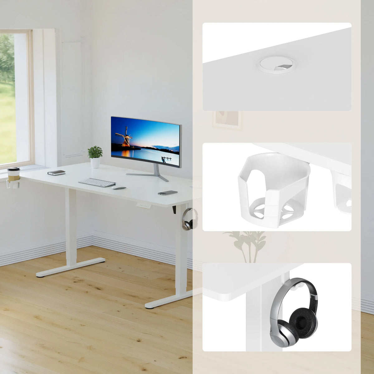 Kabelgennemføring, kopholder og headset-holder på Worktime skrivebordet i hvid fra hjh OFFICE