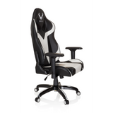 Schwarz-weißer Gamingstuhl PROMOTER I mit Armlehnen und Fußkreuz mit fünf Rollen von hjh OFFICE – 360-Grad-Ansicht (schräge Frontansicht 60°)
