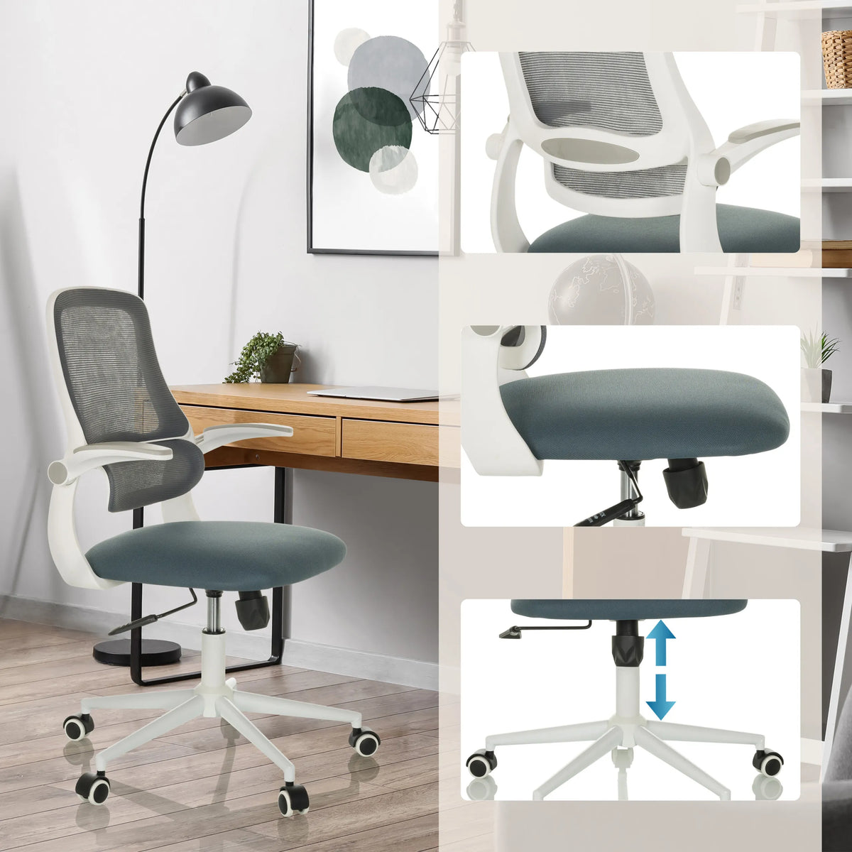 Home Office kontorstol MIKO W ECO i grå med netryg, justerbar siddehøjde og hjul fra hjh OFFICE