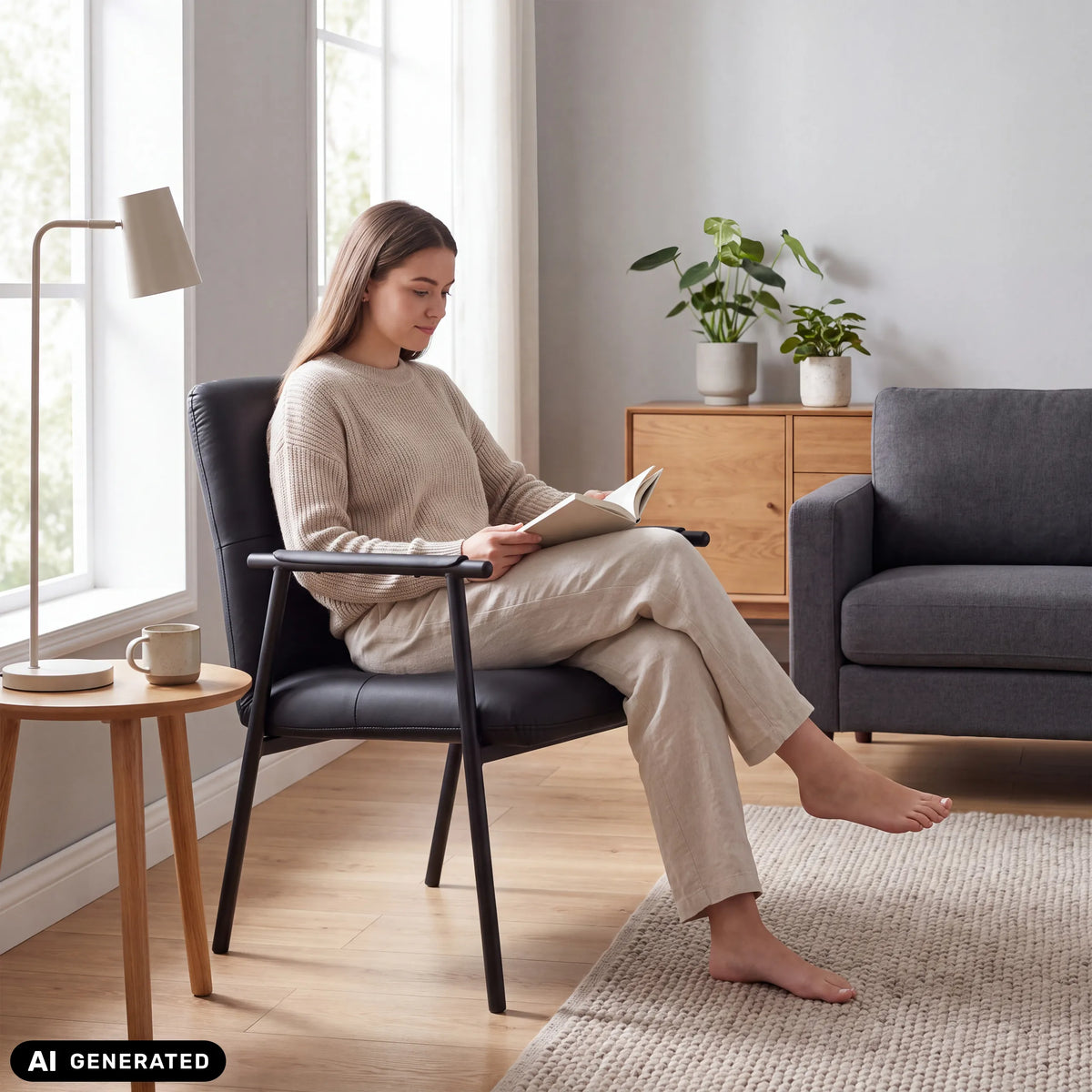 Sort polstret stol Lifea Flex i kunstlæder med armlæn fra hjh LIVING (AI-genereret billede)