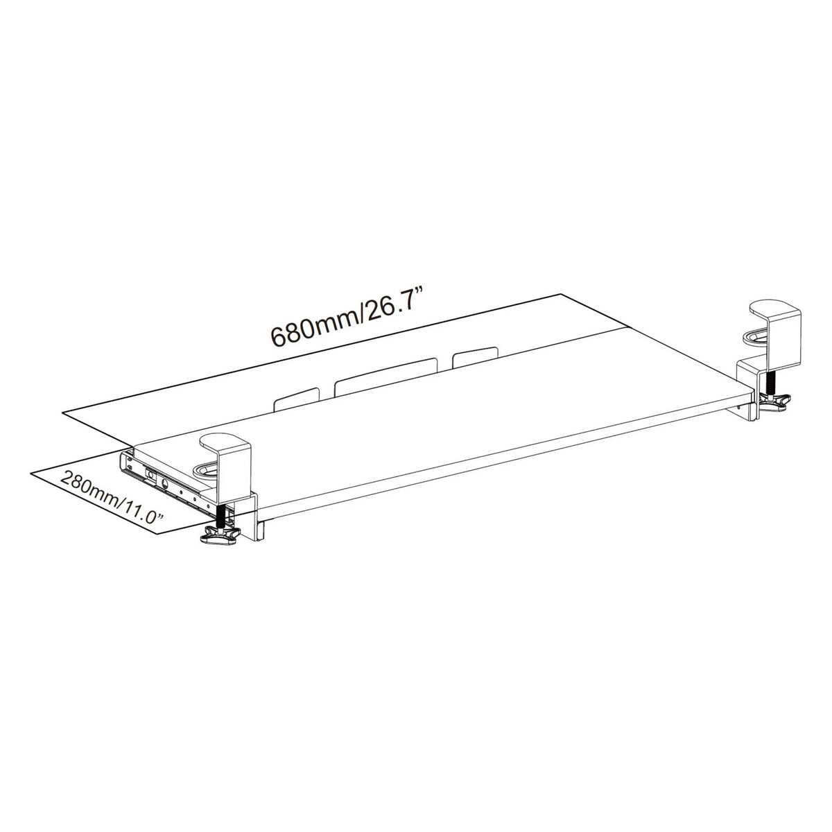 Teknisk tegning af Tastaturbakke VM-KB med 680 × 280 mm fra hjh OFFICE