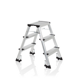Silberne Klappleiter SOLID IV aus Aluminium mit drei Stufen von hjh OFFICE – 360-Grad-Ansicht (schräge Frontansicht 60°)