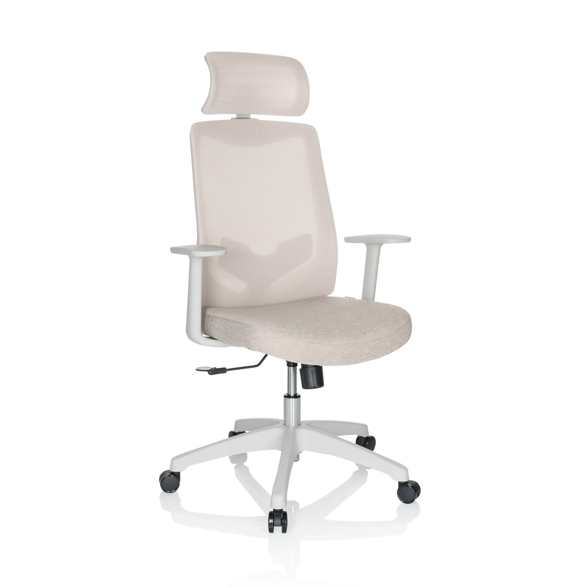 Beige Home Office kontorstol MIKEO W med nakkestøtte og hvidt femstjernet fodkryds med hjul fra hjh OFFICE – 360-graders visning (skråt forfra 30°)
