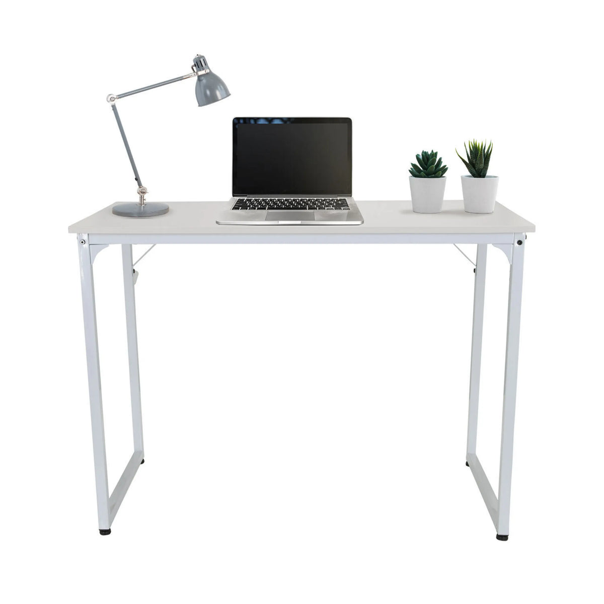 Hvidt skrivebord WORKSPACE I på 100 x 50 cm med bærbar computer, lampe og planter fra hjh OFFICE