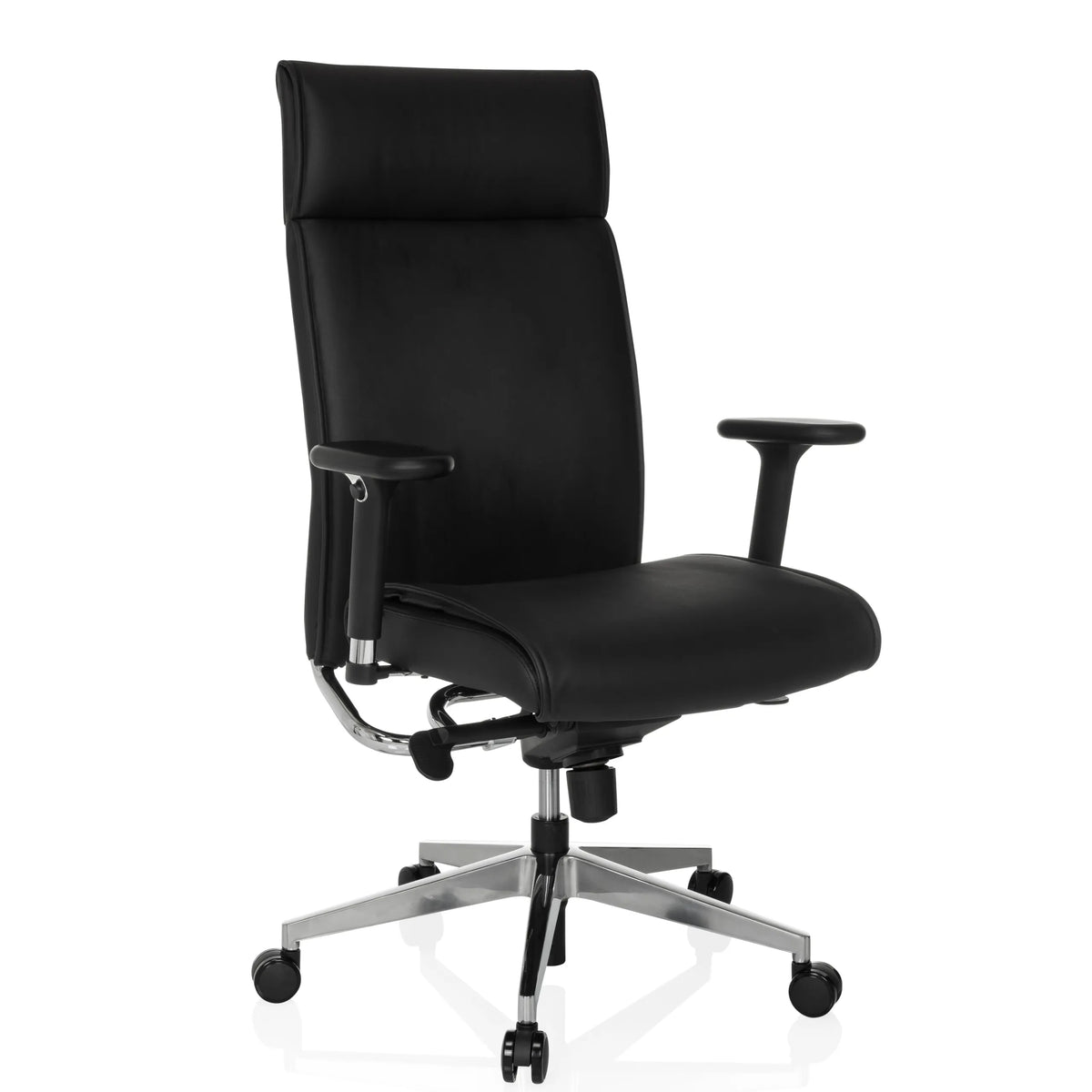 Professionel chefstol CURYO i sort med blankt metalkrydsfod og polstrede armlæn fra hjh OFFICE