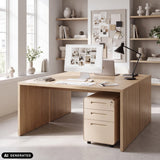 Beige metal COLOR PLUS I rullecontainer med tre skuffer under et skrivebord fra hjh OFFICE (AI-genereret billede)