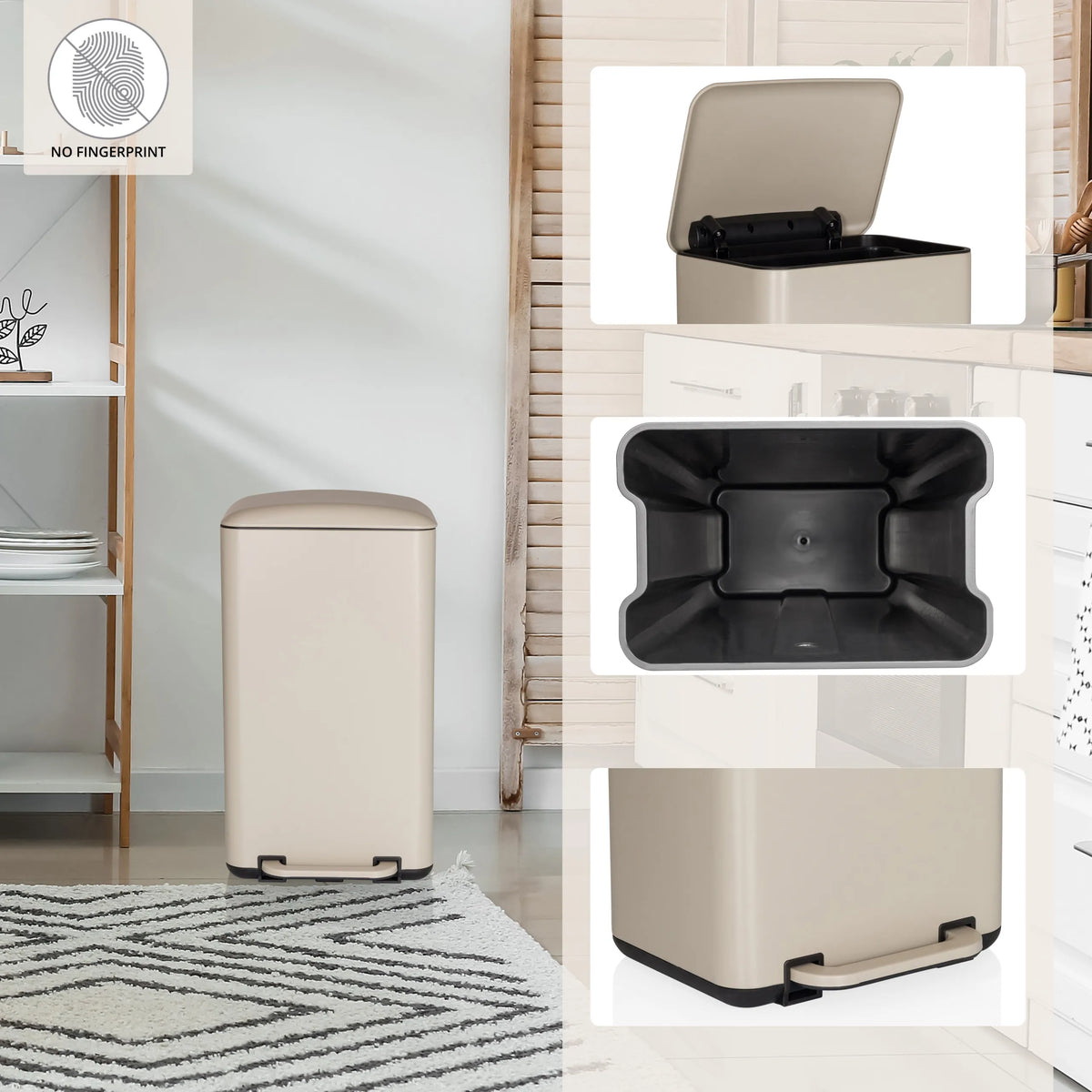 Beige Papirkurv CLEAN BEVA med indvendig spand, åbent låg og fodpedal fra hjh OFFICE