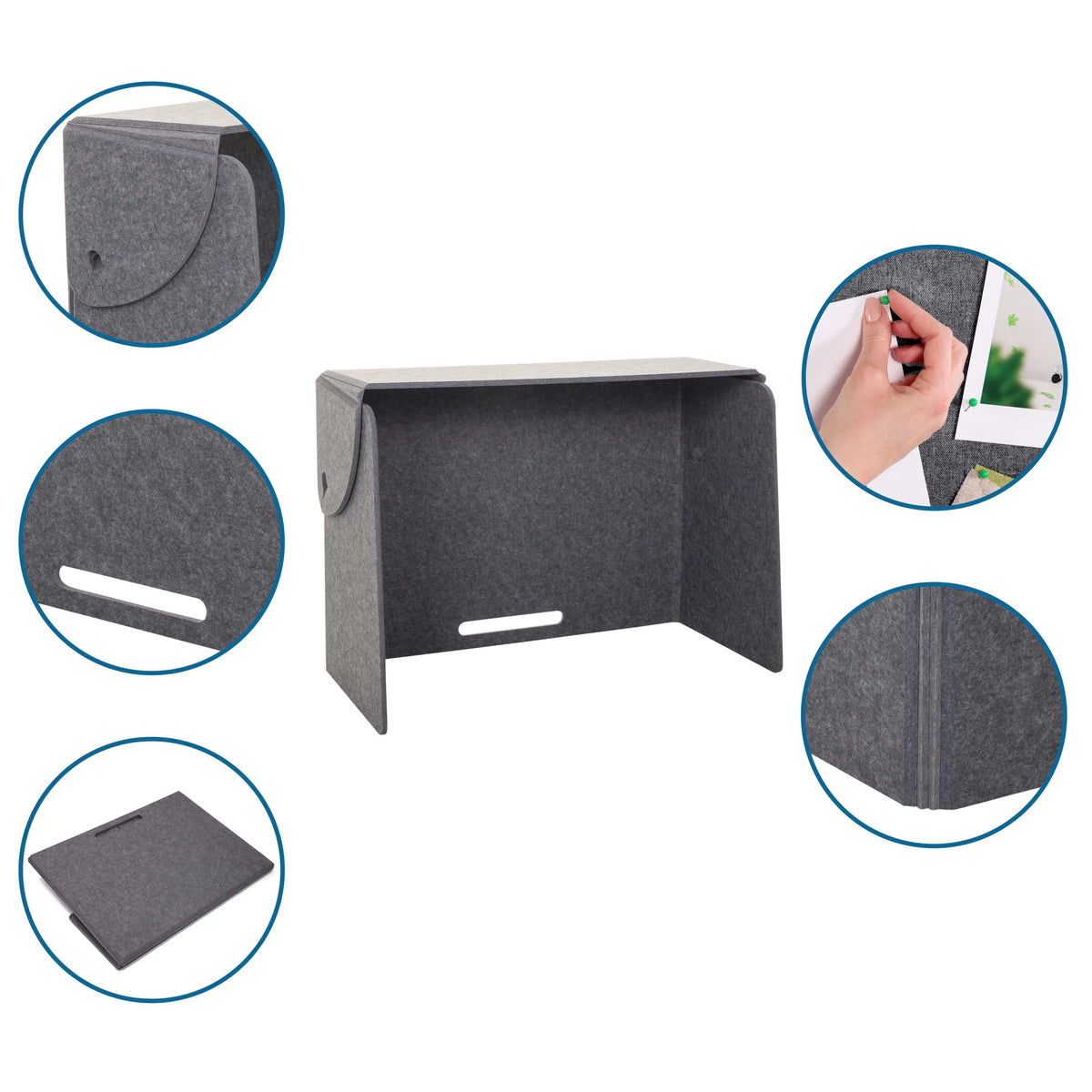 Grå bordopdeler FLEXMIUT FOLD i filt med forskellige detaljevisninger fra hjh OFFICE