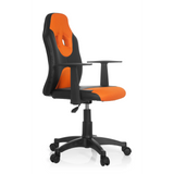 Schwarz-orangefarbener Kinderdrehstuhl KID GAME AL mit Netzrücken und Fußkreuz mit fünf Rollen von hjh OFFICE – 360-Grad-Ansicht (schräge Frontansicht 60°)