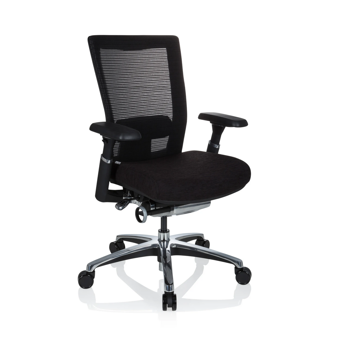 Sort High End kontorstol NOVA PRO ALU med netryg og femhjulet fodkryds fra hjh OFFICE – 360-graders visning (skråt forfra 40°)