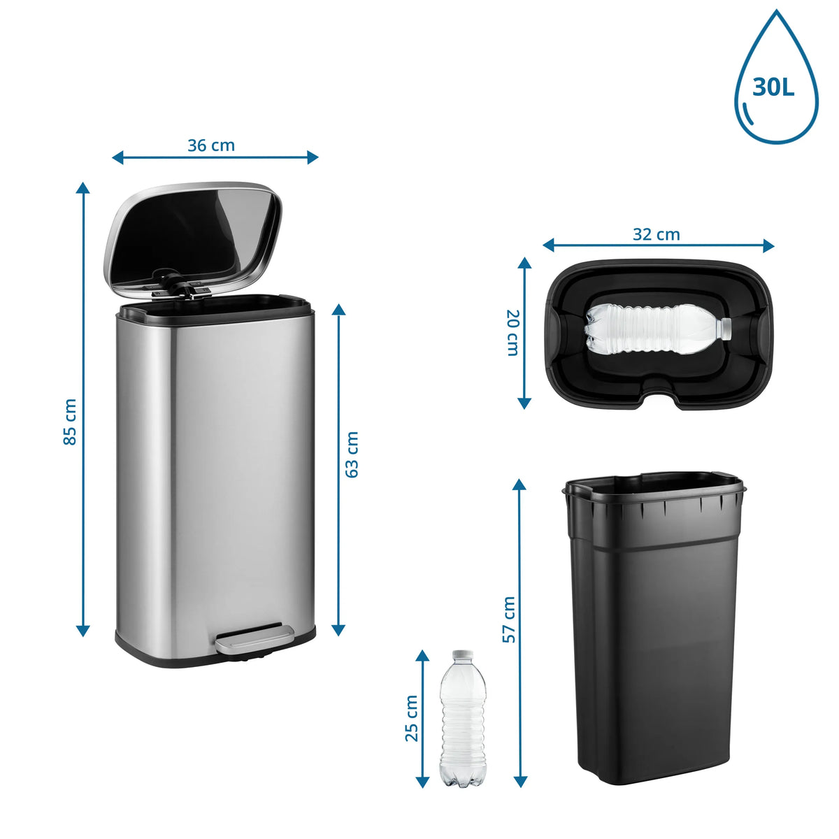 Måltegning af Papirkurv Clean 15 med en højde på 85 cm og 30 liters volumen fra hjh OFFICE