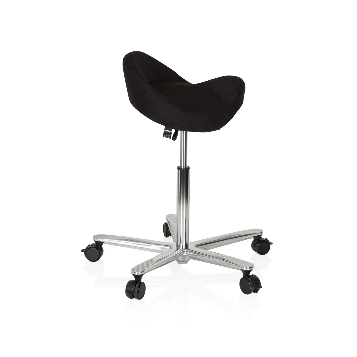 Sort Sadelskammel MOVE-TEC 3D PRO I med et fodkryds med fem hjul fra hjh OFFICE – 360-graders visning (sideprofil 80°)