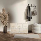 Beige Kommode FOLDAR med fem stofskuffer og hvidt stel fra hjh LIVING