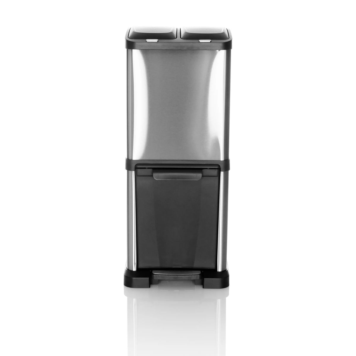 Silberner Mülleimer CLEAN VII mit zwei getrennten Behältern und Fußpedal von hjh OFFICE – 360-Grad-Ansicht (Frontansicht 0°)