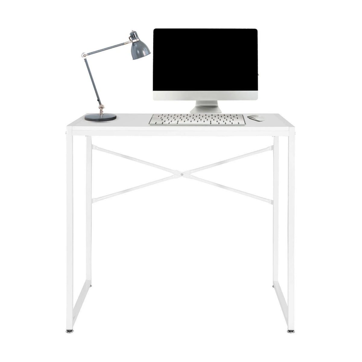 Hvidt skrivebord EASY UP H I med X-formet afstivning og tilbehør fra hjh OFFICE