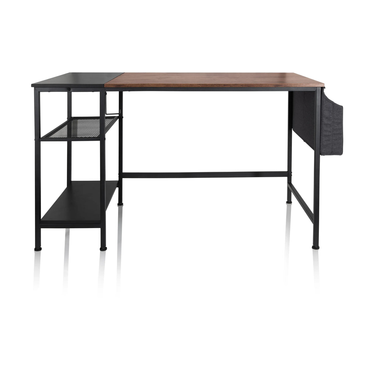 Skrivebord WORKSPACE H I i sort og brun med to hylder og en stofpose på siden fra hjh OFFICE – 360-graders visning (forfra 0°)