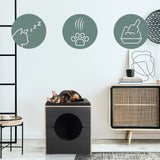Kattehus KITTY PAWBOX 2 i sort og eg med en sovende kat og tre funktionssymboler fra hjh LIVING