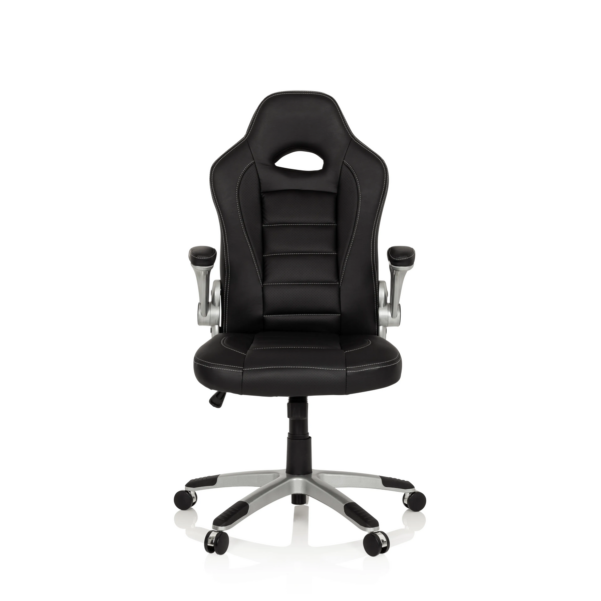 Schwarzer Gamingstuhl GAME SPORT mit Kopfstütze, Armlehnen und silbernem Fußkreuz mit fünf Rollen von hjh OFFICE – 360-Grad-Ansicht (Frontansicht 0°)