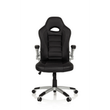 Schwarzer Gamingstuhl GAME SPORT mit Kopfstütze, Armlehnen und silbernem Fußkreuz mit fünf Rollen von hjh OFFICE – 360-Grad-Ansicht (Frontansicht 0°)