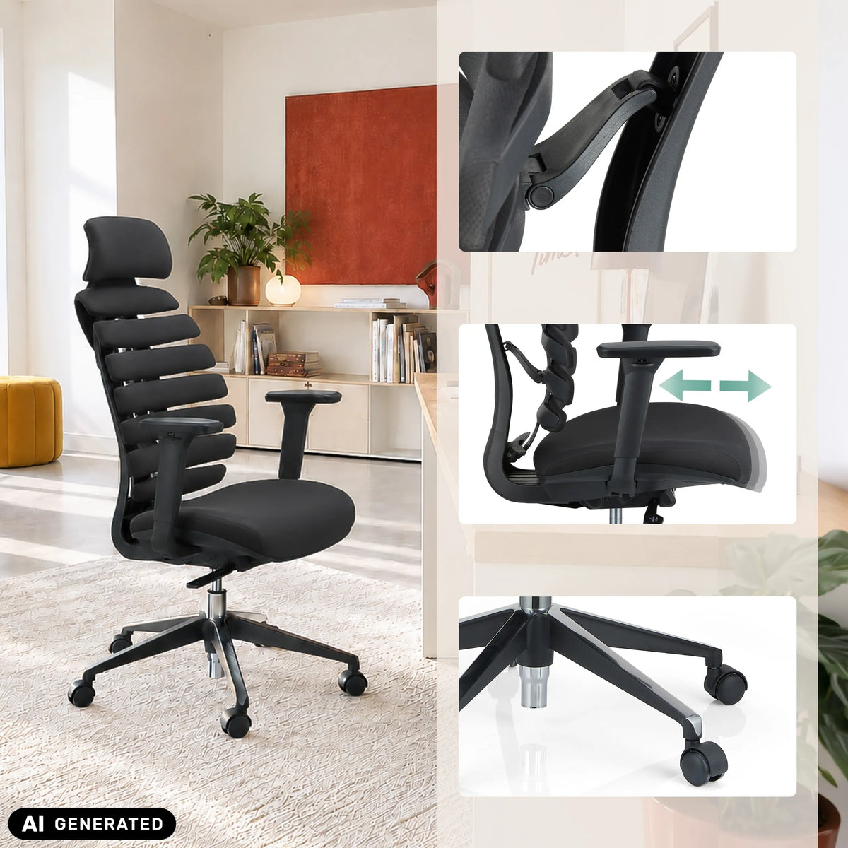 Professionel kontorstol ERGO LINE II PRO i sort med justerbare armlæn og fodkryds med hjul fra hjh OFFICE