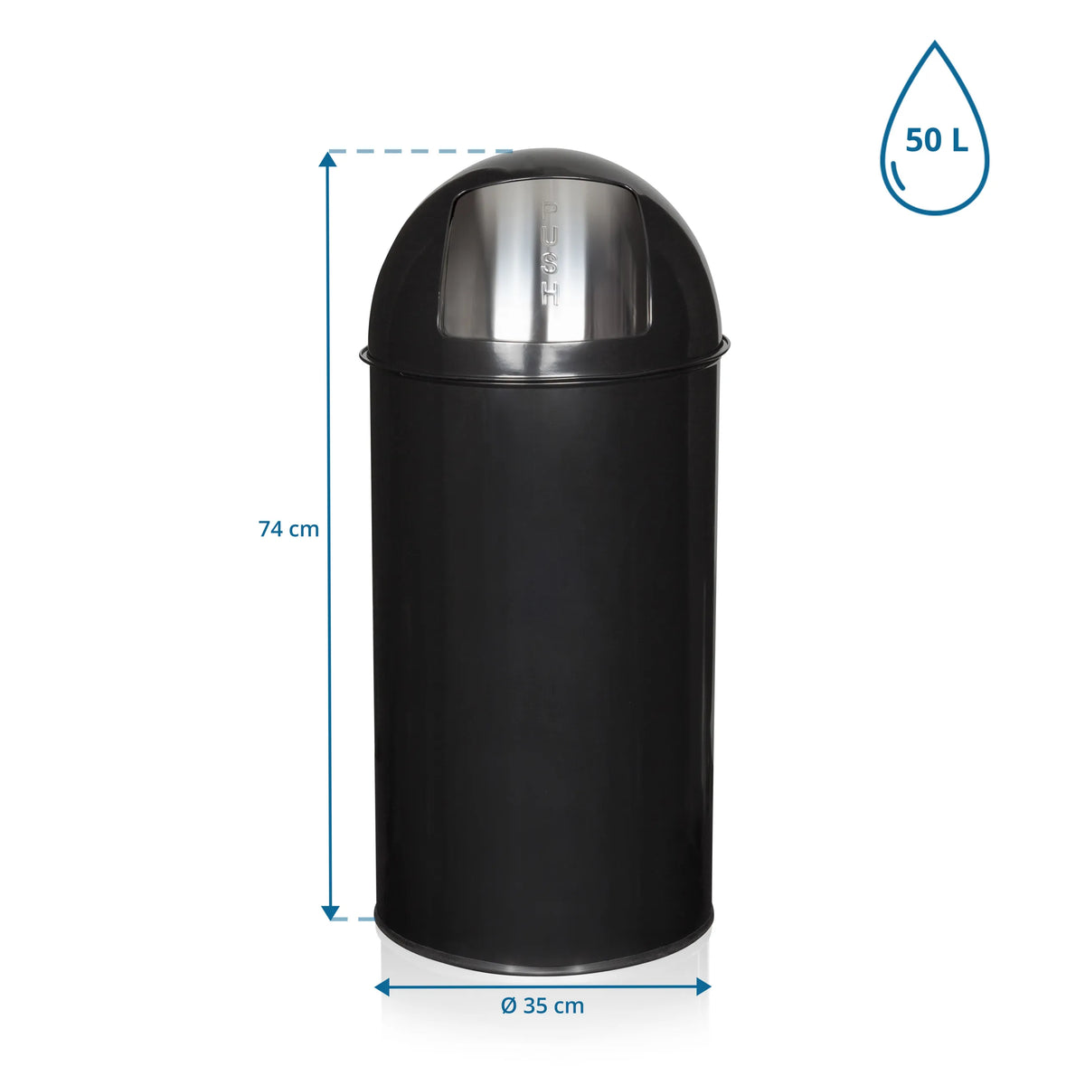 Målvisning af Papirkurv PUSH 50L med en højde på 74 cm og en diameter på 35 cm fra hjh OFFICE