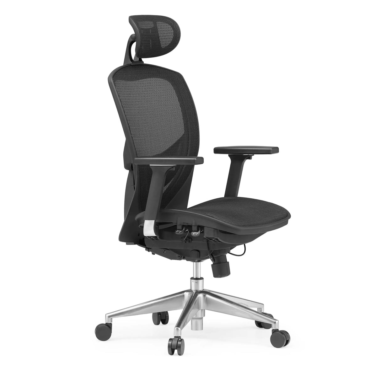 Sort High End kontorstol VENUS ONE med netryg og femstjernet fodkryds med hjul fra hjh OFFICE – 360-graders visning (skråt forfra 60°)