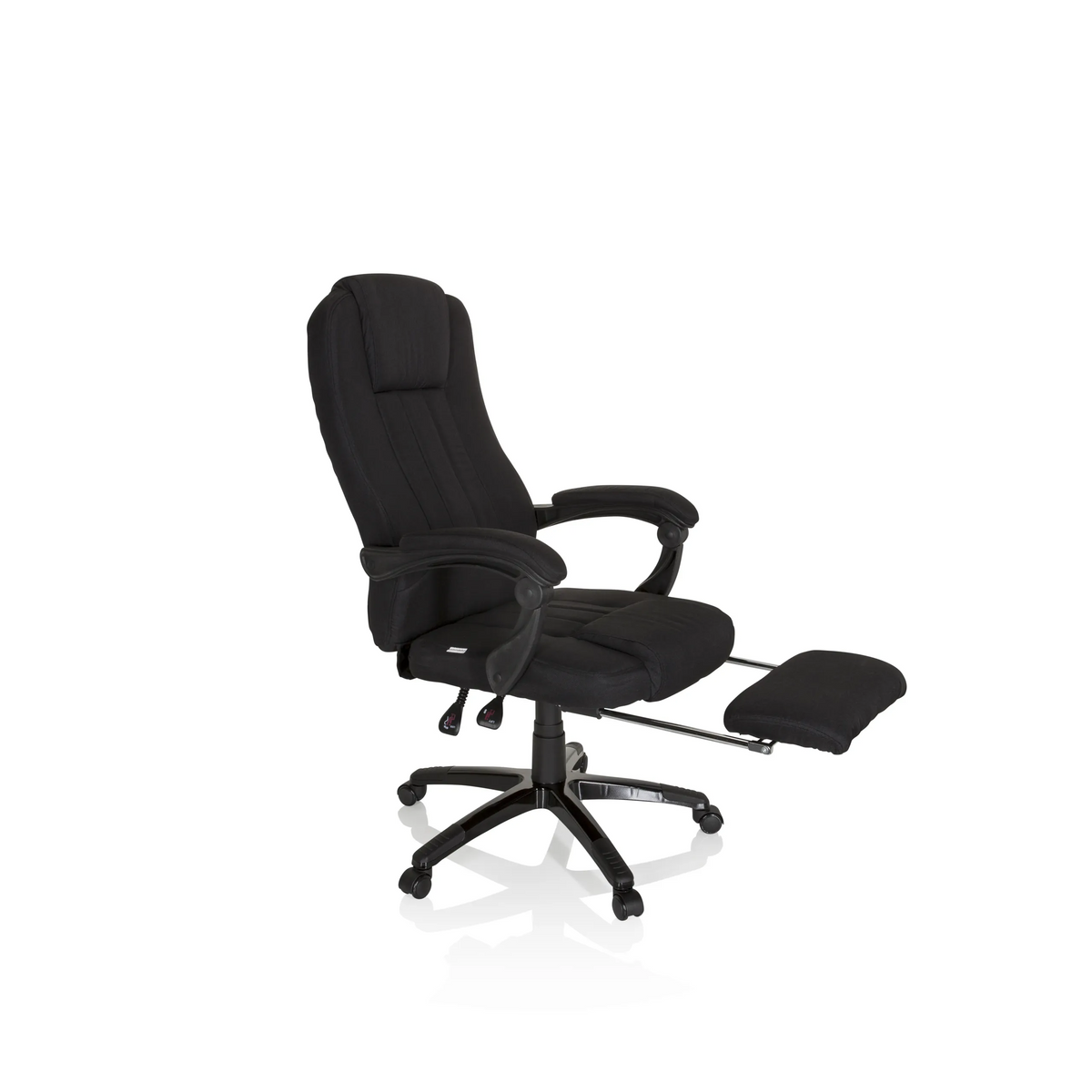 Schwarzer Homeoffice Chefsessel RELAX CL190 mit Armlehnen und Fußkreuz mit fünf Rollen von MyBuero – 360-Grad-Ansicht (schräge Frontansicht 60°)