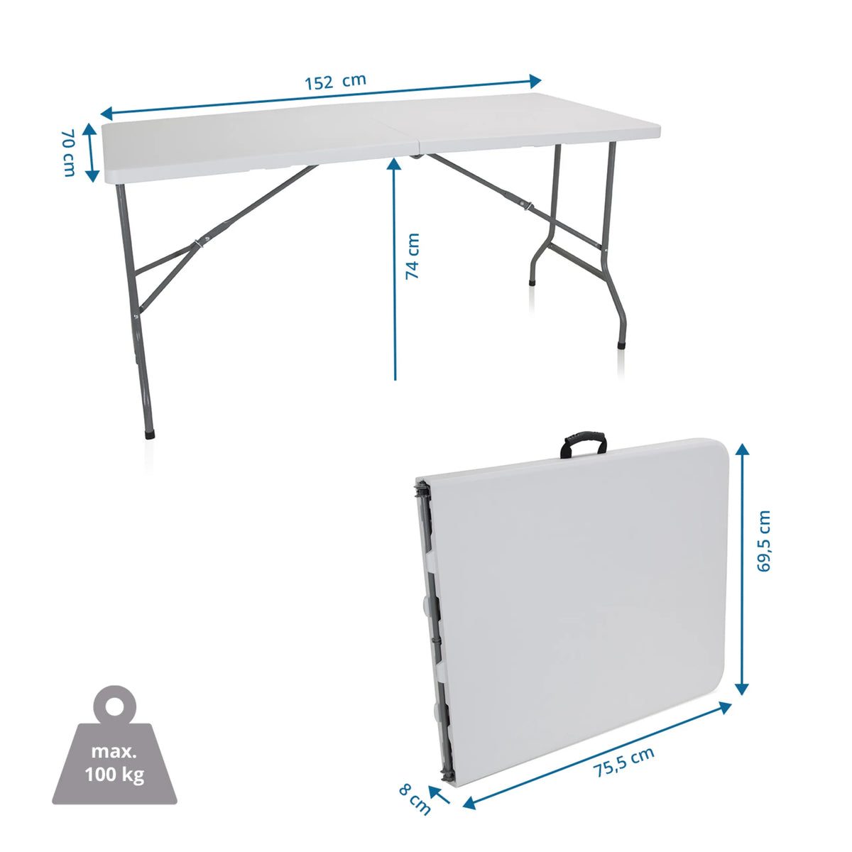 Måltegning af det Sammenklappeligt bord EASY UP MULTI II med 152 × 70 cm og en bæreevne på 100 kg fra hjh OFFICE