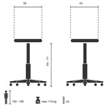 Technische Zeichnung des Sattelhockers ORTHO SIT mit einer Sitzhöhe von 54 bis 71 cm von hjh OFFICE