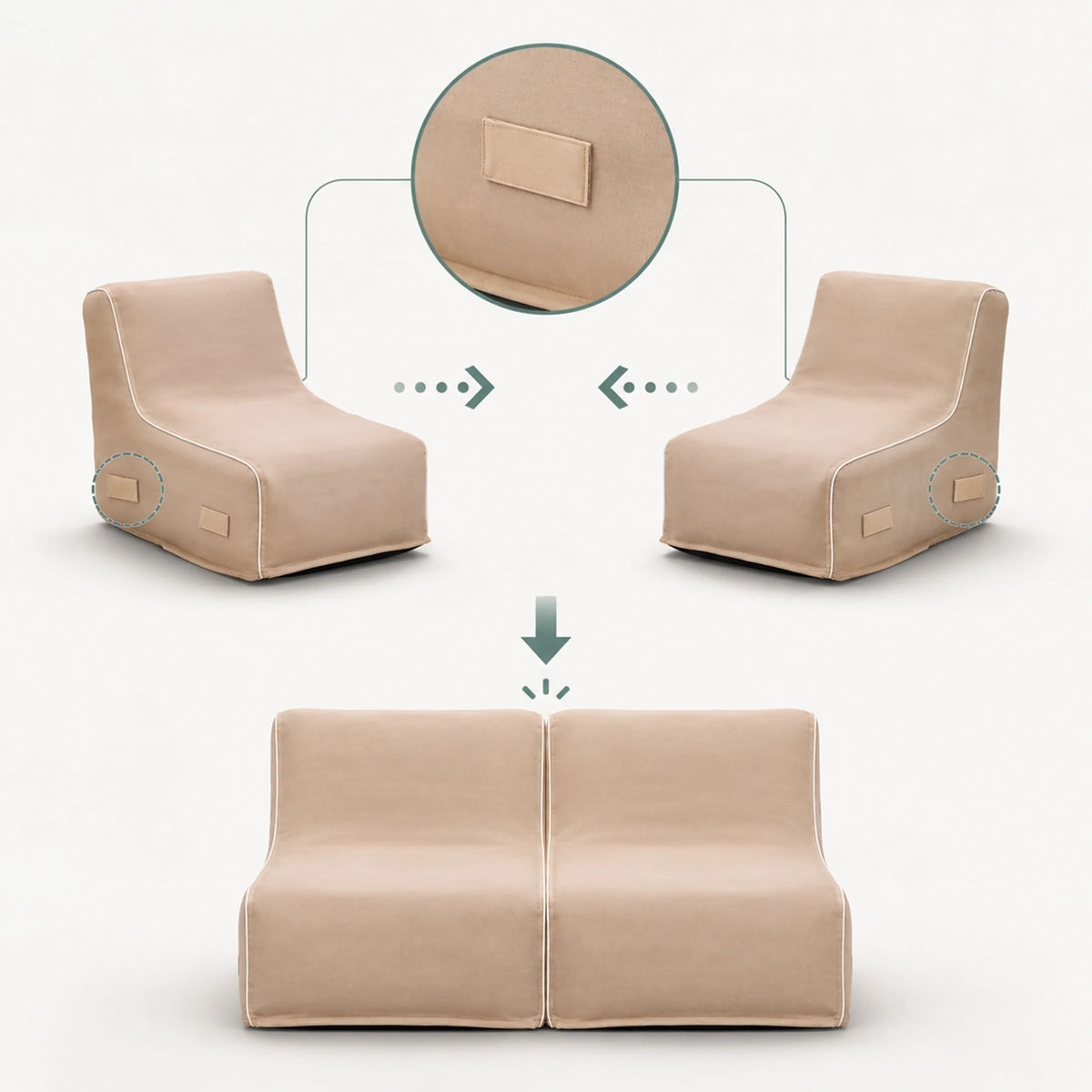 Velcrobånd til forbindelse af to beige Oppustelige Sofaer Sitzolo Air fra hjh LIVING