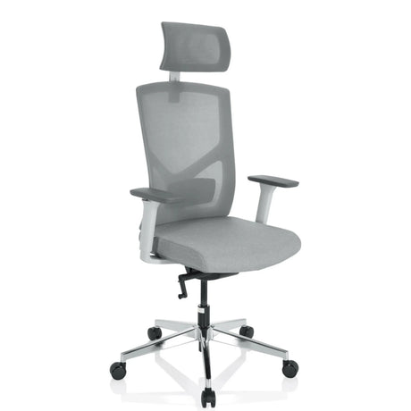 Professionel kontorstol BRETON PRO W i grå med netryg, nakkestøtte og sølvfarvet fodkryds fra hjh OFFICE