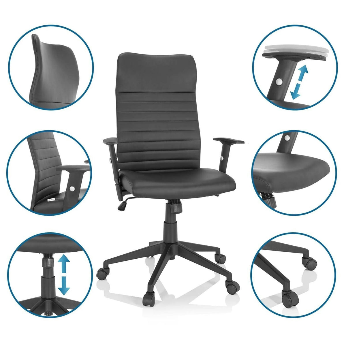 Sort Home Office kontorstol ARTON 30 med detaljevisninger af højdejustering og hjul fra hjh OFFICE