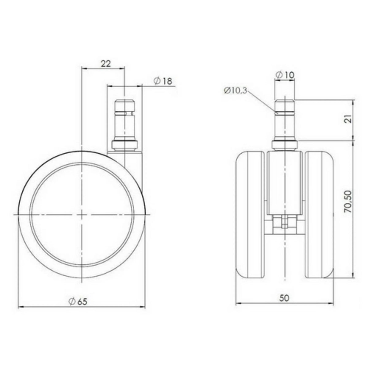 Teknisk tegning af Stolehjul 5x ROLO 10mm/65mm med en diameter på 65 mm fra hjh OFFICE