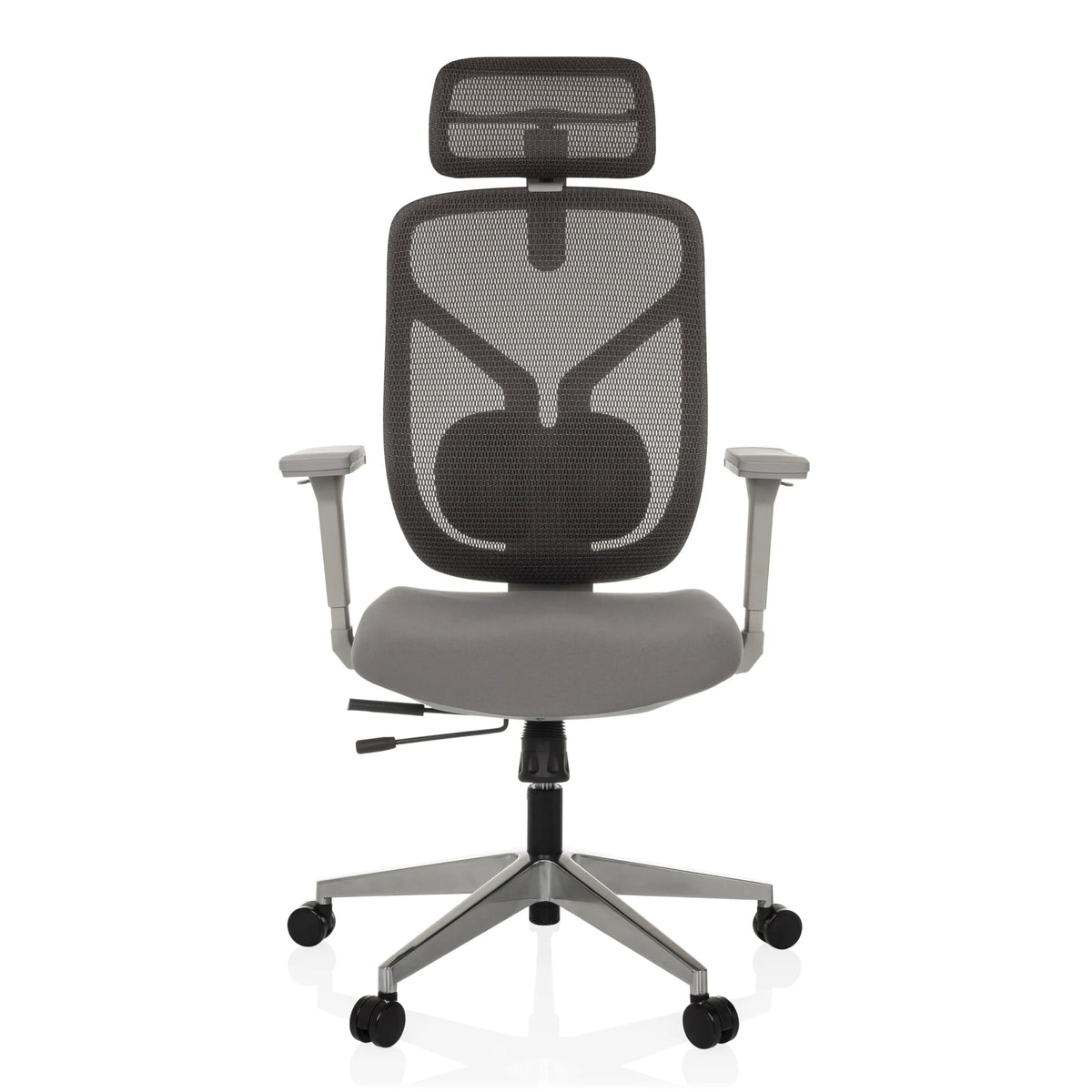 Grå High End kontorstol CASSILIS W med netryg og femstjernet fodkryds med hjul fra hjh OFFICE – 360-graders visning (forfra 0°)