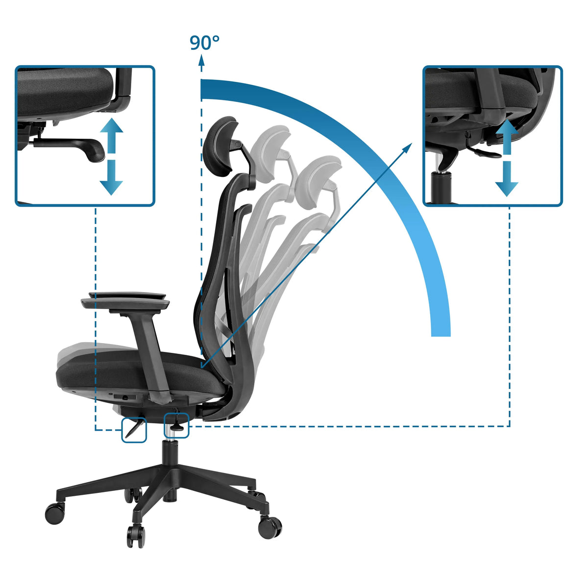 Højdejustering af armlæn og ryglæns hældning på Professionel kontorstol Vivadapt fra hjh OFFICE