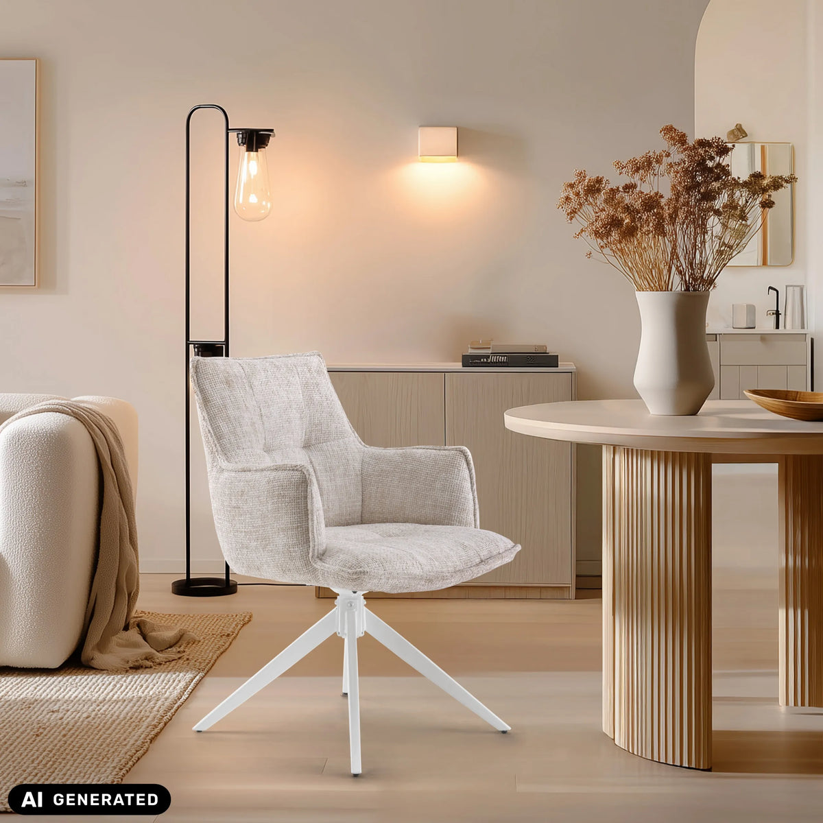 Beige Tavaro spisestuestol med hvid stjernefod fra hjh LIVING (AI-genereret billede)