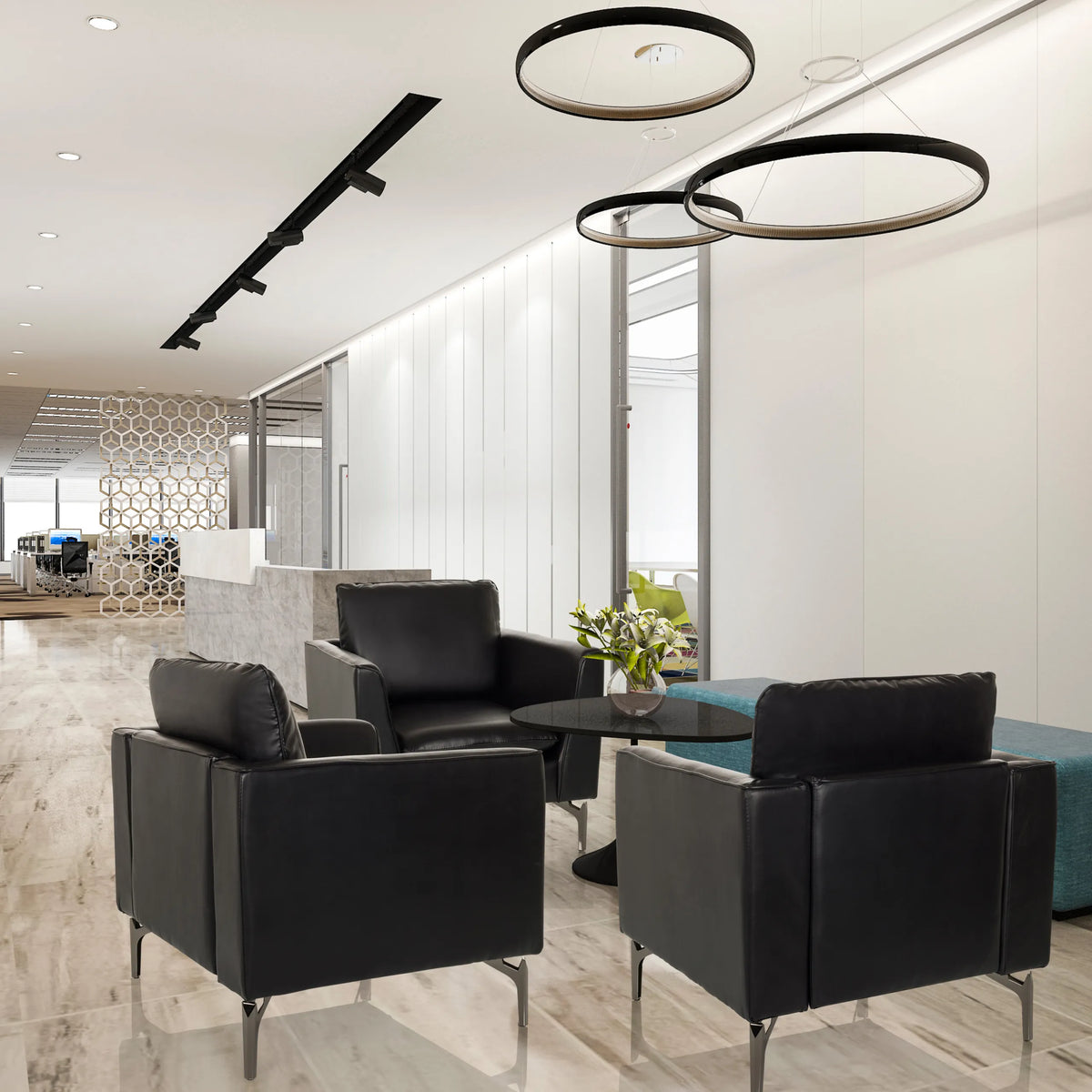Tre sorte BAVERO Loungelænestole i kunstlæder i en moderne kontorlounge fra hjh OFFICE
