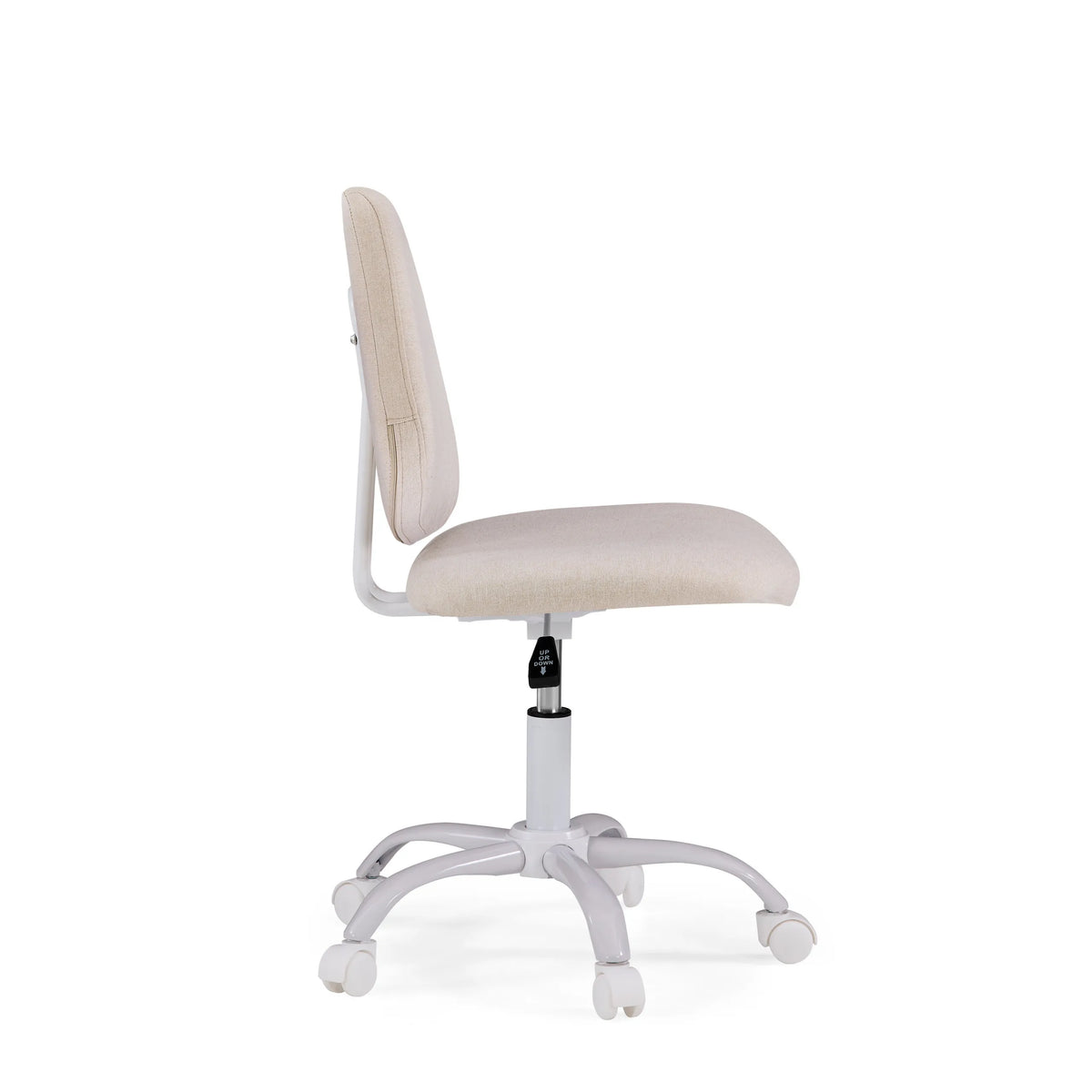 Sidevisning af drejestol til børn Lumikid i beige med hvidt fodkryds og hjul fra hjh OFFICE