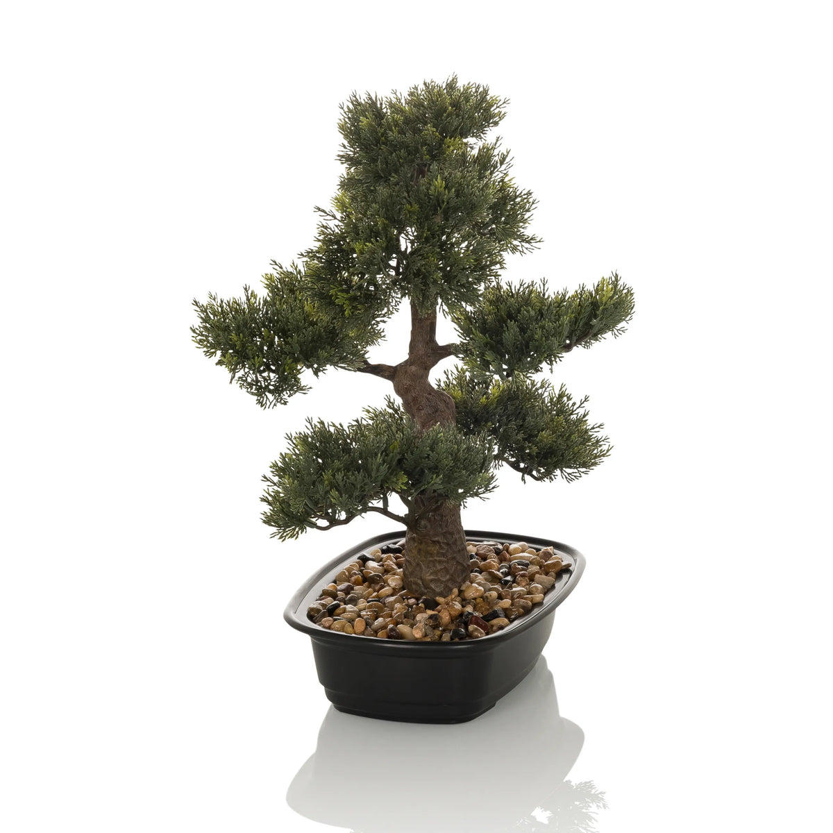 Grøn Kunstige plante BONSAI formet som en bonsai i en sort potte med småsten fra hjh OFFICE – 360-graders visning (bagfra 180°)