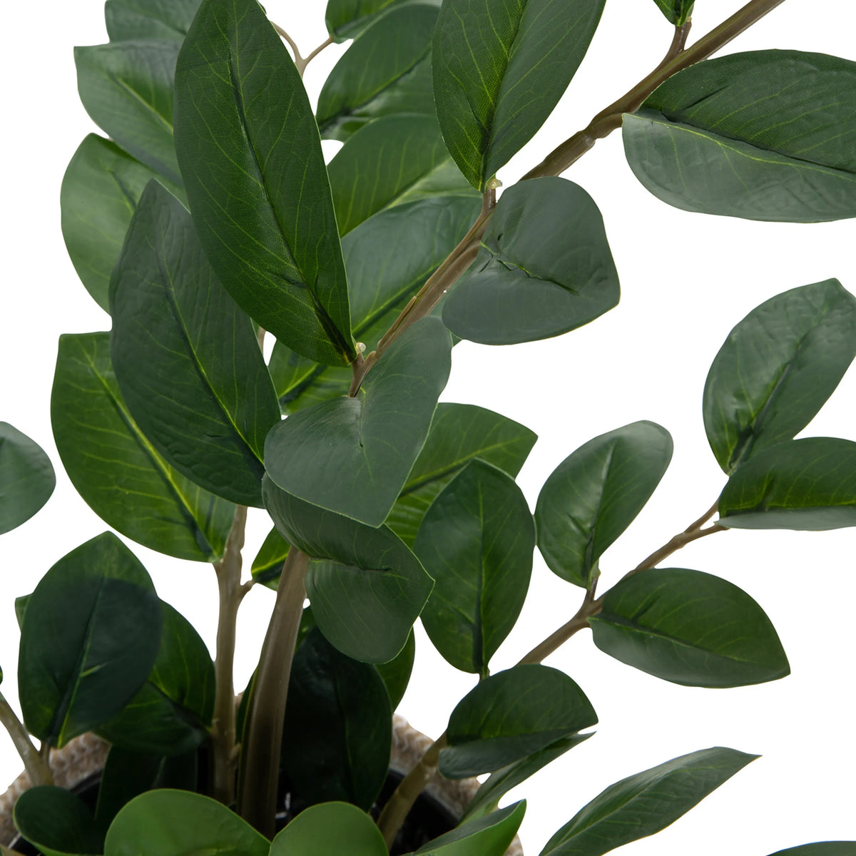 Grønne blade fra den kunstige plante ZAMIE med brune stilke i en kurv fra hjh OFFICE